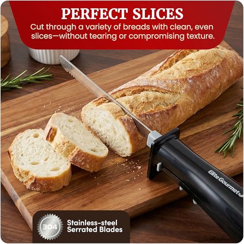 Image of Elite Gourmet Electric Knife Set for Carving Meats, Bread & More. Pressure-activated On /Off Switch, Safety Lock, 2 Serrated Stainless-Steel Blade Sets, Storage Case, Carving /Serving Fork, Black