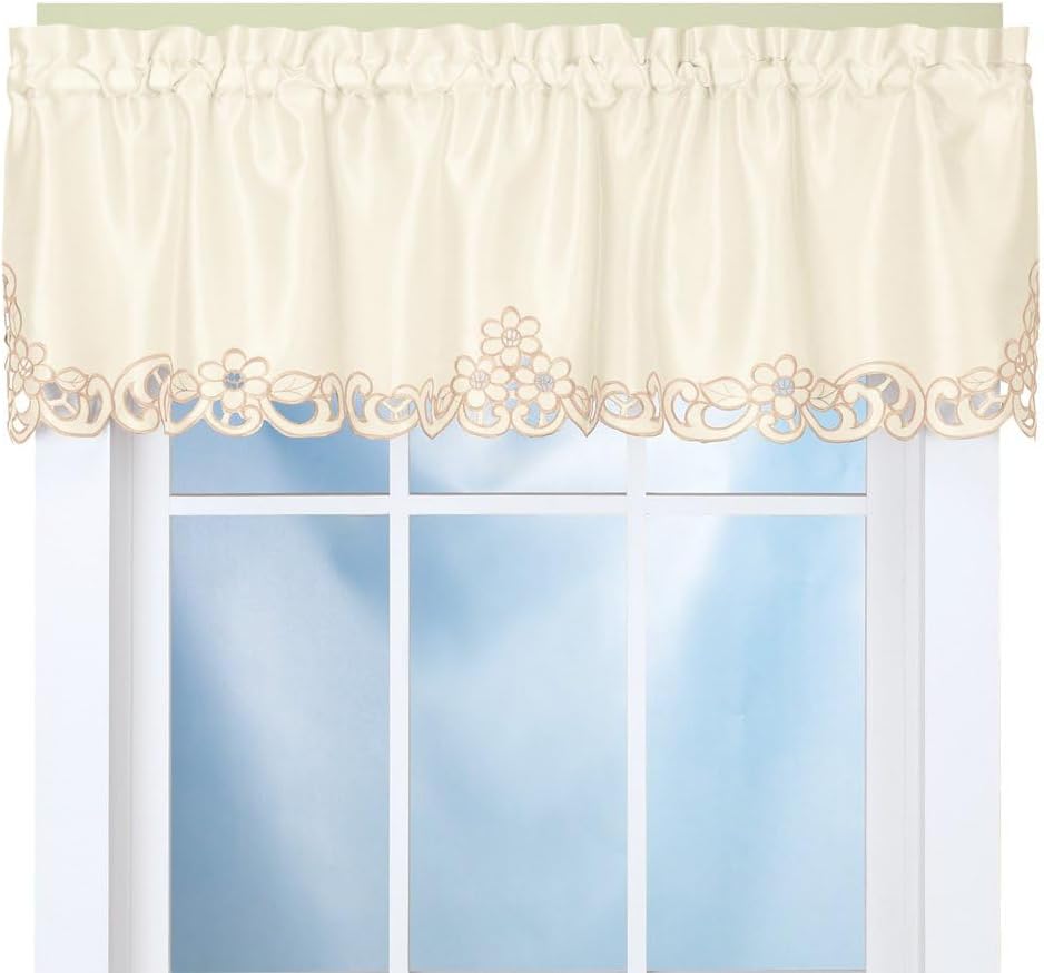 Collections EtcCollections Etc Elegance Scroll Embroidered Cut-Out Window Valance with Rod Pocket Top for Easy Hanging, 58" W x 13" L, Cream