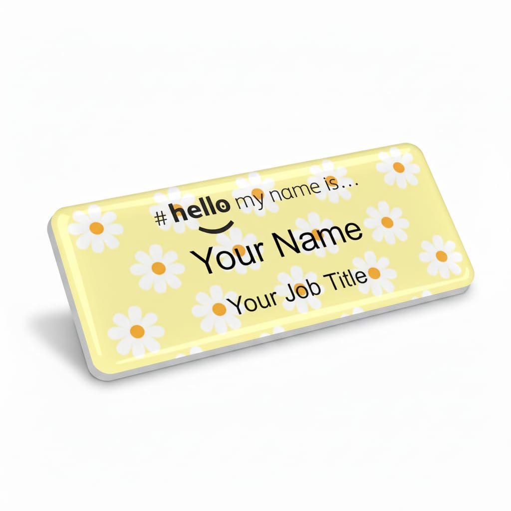 Badgemaster Resin Finish Hello My Name is Yellow Daisy Name Badge 76 x 32mm White/White