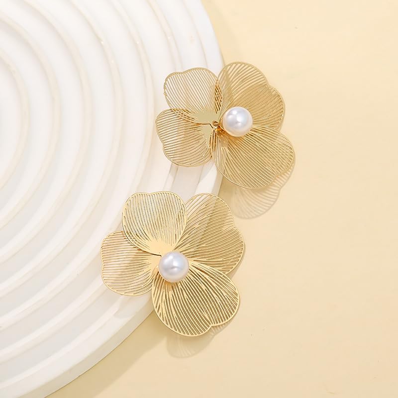 Boho Gold Flower Pearl Stud Earrings for Women Bohemia Vintage Large Floral Stud Earrings Exaggerated Long Statement Flower Metal Earring Charm Jewelry - Image 5