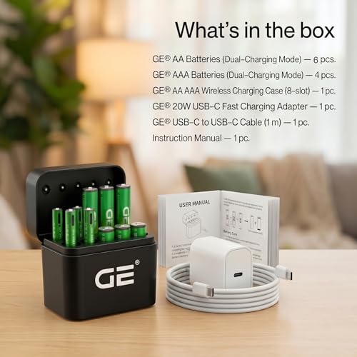 Image of GE AA AAA Rechargeable Batteries (Lithium 1.5V - 2500 mWh & 600 mWh) - in 2026 | Fast Charge Mode (Direct USB‑C + Wireless) | Pack of 10 Batteries | 10 Years of Life and 1,500+ recharges