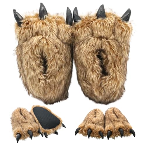 1 paire de pantoufles à griffes d'ours en fourrure, pantoufles thermiques antidérapantes en forme de patte d'ours avec semelle imperméable, griffe en peluche en coton...