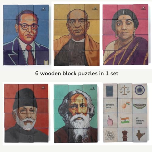 Image of 3D Wooden Toys for Kids 3-8 Yrs | 6 Puzzles in 1 Toy + 30 Activities | 12 Natual Wooden Puzzles for Kids with Activity Book | Indian Folk Art Wooden Blocks | We The Republic Theme
