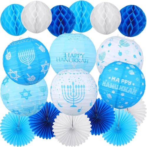 Image of Retisee 18 Pcs Hanukkah Party Decoration Happy Hanukkah Paper Lanterns with Candlestick Dreidel Blue White Hanging Paper Fans Honeycomb Balls Chanukah Home Ornament for Jewish Party Decor