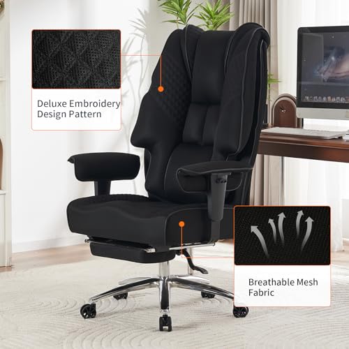 Big and Tall Office Chair 400lbs Wide Seat, Leather High Back Executive Office Chair with Foot Rest, Ergonomic Chairs Lumbar Support for Lower Back Pain Relief (Mesh Black)