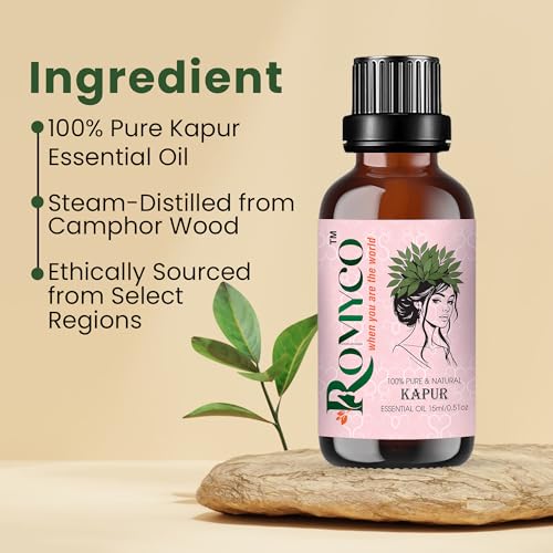 Image of Romyco Kapur Essential Oil (Camphor) 15ml for Respiratory Relief Cough & Cold, Muscle Relaxation Pain Relief | Natural Air Freshener | Aromatherapy Diffuser | Pure Natural Premium Undiluted