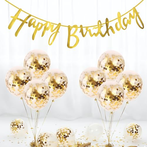 Image of Golden Cursive Happy Birthday Paper Banner with Golden confetti balloons for birthday decoration, home decoration items