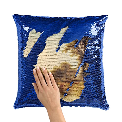 Coussin sequin bleu avec peinture de vaches et prés boisés - 3