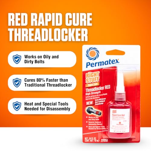 Image of Permatex The Right Stuff Rapid Cure Red Threadlocker 27251, Works on Oily & Dirty Fasteners, Automotive, Industrial & Hardware Use, Sets in 15m Cures in 4h, 10 ml