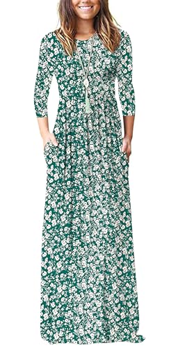 Image of WNEEDU Women's 3 /4 Sleeve Casual Loose Long Maxi Dresses with Pocket | Empire Elastic Waist, Crewneck, Floor Length, Soft Stretchy Flowy, Formal Dress, Wedding Wear, Solid Color and Prints
