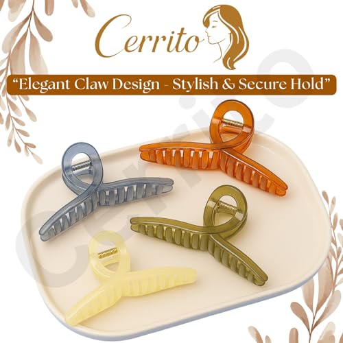 Image of Cerrito 4 Pcs Big Hair Claw Clips, Large Clutchers for Hair, Strong Hold Nonslip Jelly Clip Hair Accessories for Women & Girls with Thick, Thin, Curly, Straight, Multicolor
