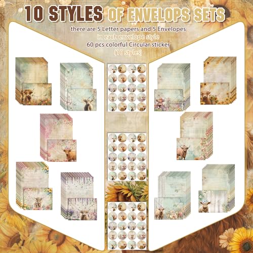 Image of TaoBary 160 Pcs Floral Highland Cow Stationery Paper and Envelopes Set