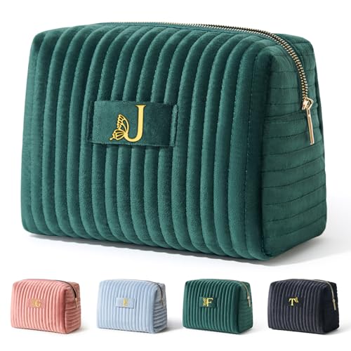 Image of COSHAYSOO Travel Makeup Bag Quilted Make Up Pouch Initial Cosmetic Case with Butterfly Decorations for Women Compact Mirror Traveling Size Beauty Tools Accessories Organizer Green Velvet Letter J