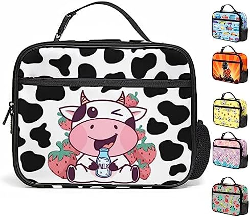 Zisnepq Strawberry Cow Lunch Box for Boys Girls, Large Insulated Lunch Bag, Cute Animal Waterproof Leakproof Lunch Totes with Water Bottle Holder Pockets Keep Hot Or Cold Snacks Lunch Box