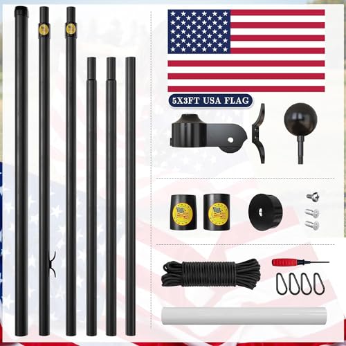 25FT Heavy Duty Flag Pole,14-Gauge Aluminum,Resist Strong Wind Reinforcement Ring Patent,Sectional Black Residential Flagpole Complete Kit - USA Flag,Black Ball, Aluminum Clips