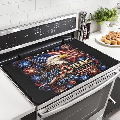 Image of Patriotic Stove Cover for Electric Stove, 4th of July Stove Top Dust Cover for Glass Top, Heat Resistant Rubber Cooktop Mat, 29.18 x 20.98 Inch, American Flag Eagle Firework