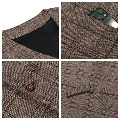 SevenBoy Mens Vintage Suit Vest Plaid Tweed Waistcoat Casual Dress Vest4