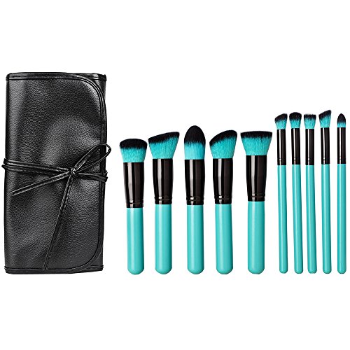 Matto Classic 10 Pcs Lake-Blue Makeup Brush Set with Black Pouch Premium Synthetic Hair Kabuki Brush Kit for Face Eye Foundation Cosmetic Tool