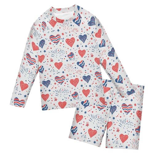 July 4th Independence Day Heart Boys Rash Guard Swimsuits Set Long Sleeve Swim Shirts Bathing Suits B0404585