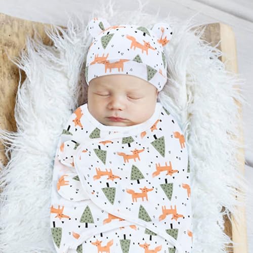 Image of Cinaci 2 Pieces Adjustable Soft Cotton Baby Swaddle Sleep Sacks Hats Newborn Nursery Caps Beanies Bonnets Swaddle Blanket Wraps for Baby Girls Boys Infants Newborns (2PCS S6)