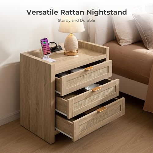 Image of SICOTAS Rattan Nightstands Set of 2 Bedside Table - Larger Night Stand with Type-C Charging Station, 3 Drawers Storage, Boho Night Stands End Table for Bedroom Office - Light Oak