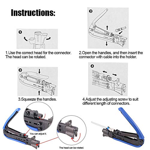 KOTTO Coax Cable Crimper Kit, Compression Tool Coax Cable Crimper Kit, Adjustable RG6 RG59 RG11 75-5 75-7 Coaxial Cable Stripper with 20 PCS F Compression Connectors
