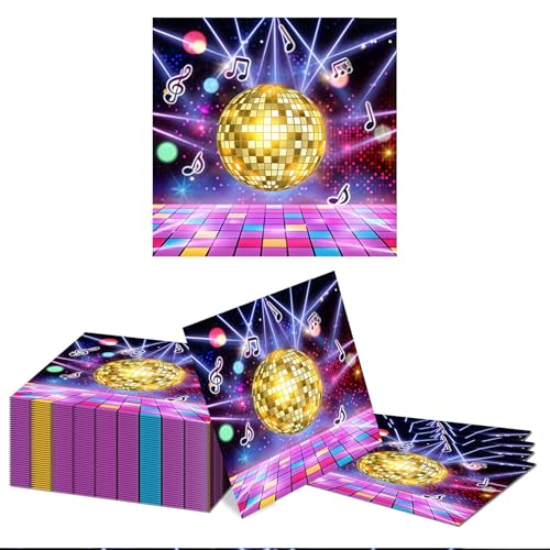Kotkiddy 40 Pièces Serviettes De Décoration Disco Colorées 33x33cm Boule À Facettes Dorée Serviettes en Papier pour Fête Années 70 80 90 Anniversaire...