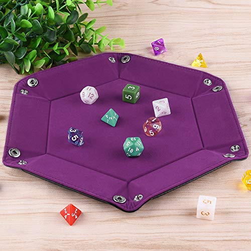 Image of SIQUK Double Sided Dice Tray, Folding Hexagon PU Leather and Velvet Dice Holder for Dungeons and Dragons RPG Dice Gaming D&D and Other Table Games, Dark Violet