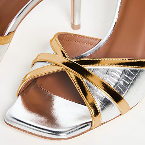 Fowt Fashion Metallic Croc-Embossed Mules Heels Classic Square Toe Two Tone Cross Narrow Band Kitten Heeled Sandals Adorable 3 In Gold Pumps For Women Casual Leisure Shoes, Us Size 12 M #TOP2