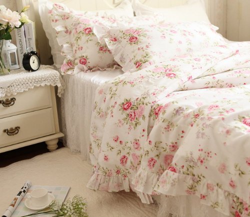 Kolachic Country Rose Roses Pink Floral Flower Duvet Cover Bedding Set 3 Pieces, 1 Duvet Cover & 2 Pillowcases 100% Cotton (Queen) #TOP6
