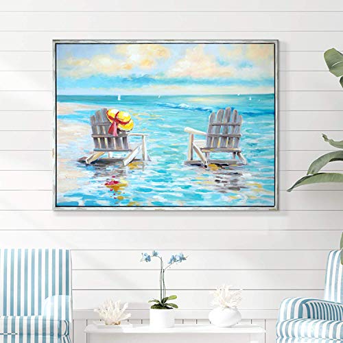 Abstract Beach Canvas Wall Art: Coastal Chairs Artwork Seascape Painting Woodgrain Framed For Bedroom (40'' X 30'' X 1 Panel) #TOP1