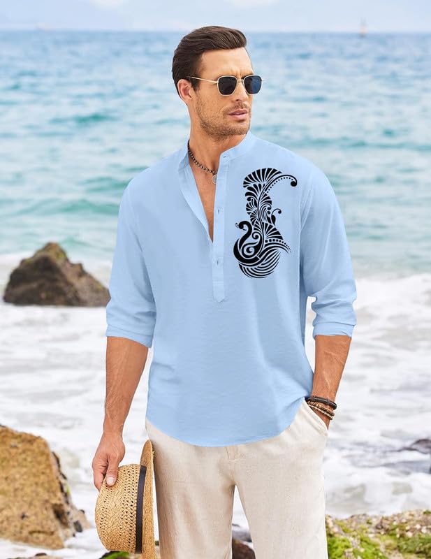 Image of FINIVO FASHION Men's Printed Cotton Blend Short Kurta with Artistic Chest Design | Stylish Full Sleeve Casual Kurta with Mandarin Collar for Daily, Travel Soft Textured