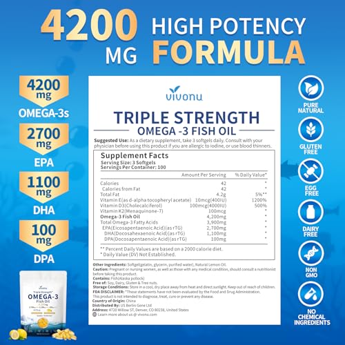 Image of VivoNu Triple Strength Fish Oil Omega 3 Supplements - 4200mg, 300 Softgels | Enteric-Coated for No Fishy Aftertaste | for Women and Men | Wild-Caught | Third-Party Tested