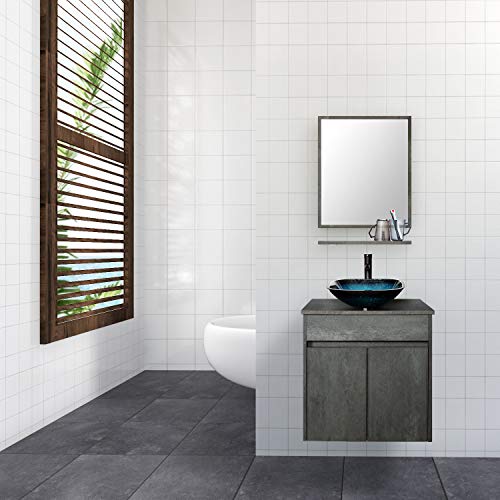 Uev 24 Wall Mounted Bathroom Vanity And Sink Combo,Concrete Grey Color Vanity Set, Turquoise Square Tempered Glass Vessel Sink Top,W/Orb Faucet,Pop Up Drain,Mirror Inc #TOP1