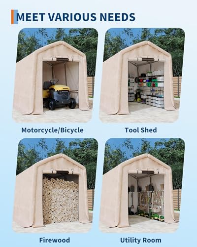 Image of 7X10 Ft Heavy-Duty Portable Outdoor Storage Shed with Roll-Up Door & Vent, 240g Waterproof PE Tarp & UV Protection, Carport Storage Shelter for Motorcycles, Firewood, Garden Tools - Khaki