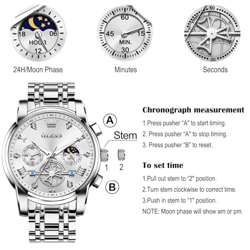 Image of OLEVS Men Watches Stainless Steel Chronograph Watch, Large Wrist Analog Quartz Watch, Fashion Waterproof Diamond Roman Numerals Dress Watches for Men, Gold /Black /White /Blue /Grey Dial