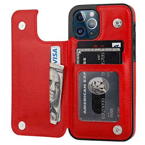 ONETOP Compatible with iPhone 12 Compatible with iPhone 12 Pro Wallet Case with Card Holder, PU Leather Kickstand Card Slots Case, Double Magnetic Clasp Durable Shockproof Cover 6.1 Inch(Red)