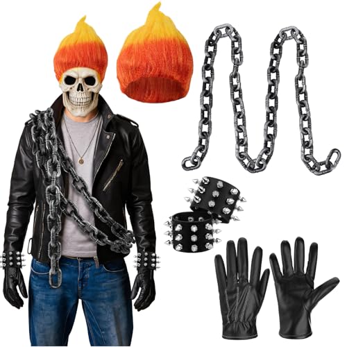 Tellingyou 5 Pcs Halloween Flame Rider Costume Motorcyclist Costume Accessories Include Fire Shape Wig Rivet Bracelet Plastic Chain Prop Leather Gloves for Men Cosplay Party