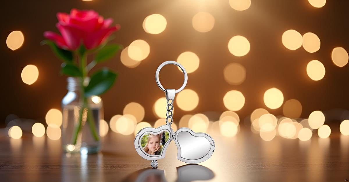 Herz Schlüsselanhänger mit Fotorahmen & Spiegel – Silber Plattiert & Versilbert – 10,5x4,5 cm Premium Geschenkidee