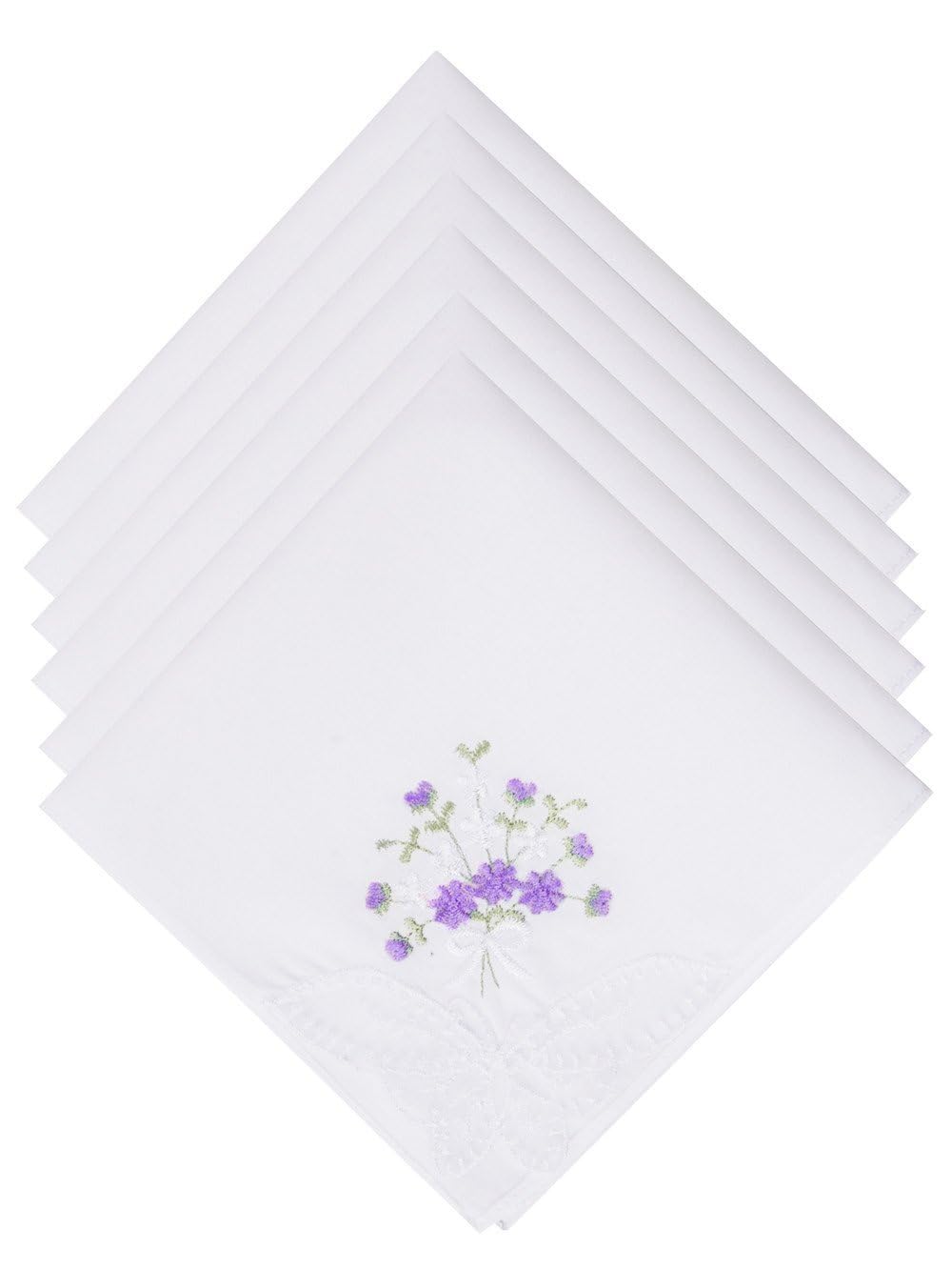 Selected Hanky Women's Cotton Handkerchiefs Flower Embroidered with Lace, Ladies Hankies 6 Pcs - Purple Floral
