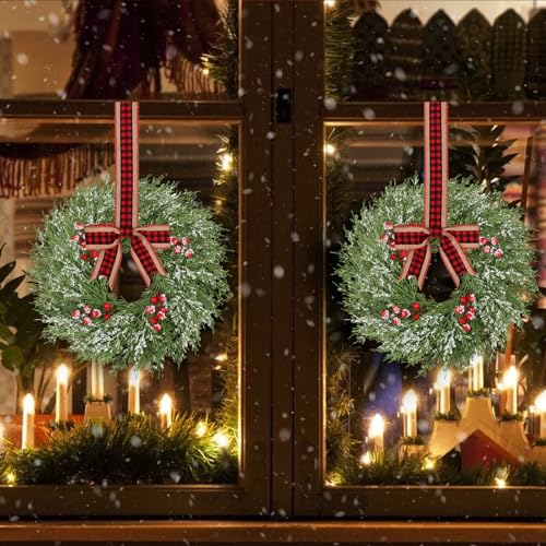 Image of 18 Pcs Small Christmas Wreath, Christmas Wreaths for Windows, Winter Mini Wreaths Christmas, Cabinet Wreaths for Kitchen Christmas, Window Decorations for Front Door Candle Rings Outdoor Indoor
