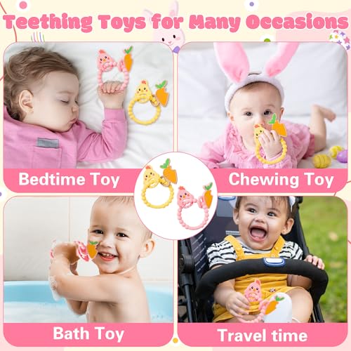 Image of Silicone Teether Toys for Babies - 2ooya 2Pcs Easter Pink Yellow Carrot Chick Teething Ring Infant Soft Teethers, Toddler Teething Chew Toys for Newborn Boy and Girl Easter Baby Shower Birthday Gifts