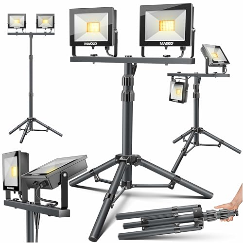 MASKO® LED Baustrahler 8000 Lumen Doppel 2x50W mit Stativ & Fernbedienung Arbeitsleuchte 72LEDs Arbeitsscheinwerfer 360° Drehbar IP65 Bauscheinwerfer 5m Kabel Baustellenlampe höhenverstellbar 86-202cm
