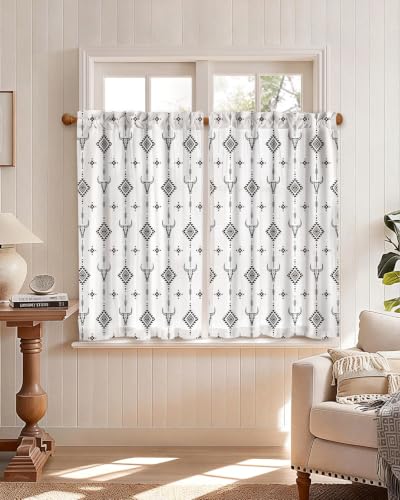 Image of Miss Adola Boho Kitchen Curtains - 36 Inch Length Linen Blend Western Cow Cafe Curtains Western Tier Curtain Short Drapes Rod Pocket for Bathroom Living Room Windows Light Filtering, 2 Panels