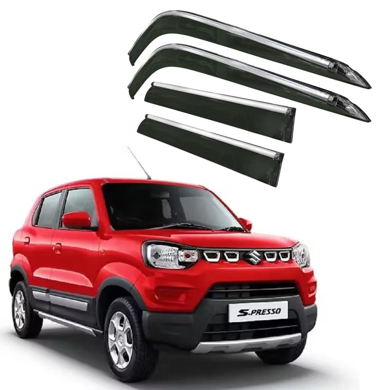 Image of CAR SAAZ Side Door Visors for S-PRESSO (2019-Present)(Set of 4Pcs) | Chrome Lined Rain Guards, Polycarbonate, Smoke Finish