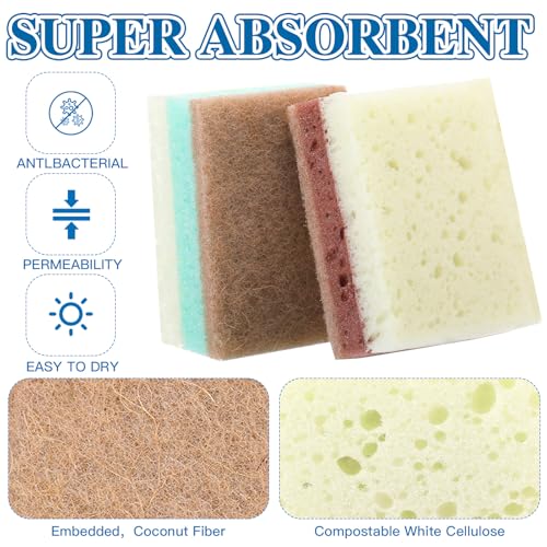 Image of Maxdot 12 Count Natural Kitchen Sponges for Dishes, Thickened 3 Layers Non Scratch Plant Based Kitchen Compostable Cellulose and Coconut Scrubber Sponge for Countertops Bathtubs Tiles