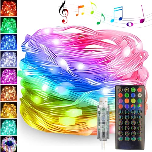 Nexvolix LEDイルミネーションライト 多色 調光調色 20M/10M/5M選択可能 音楽同期ミュージックセンサー搭載 音に反応 ストリングライト タイマー機能 フェアリーライト アプリ制御 クリスマスツリーライト IP65防水 点滅 電飾 屋外 室内 リモコン付 (全色-40キーリモコン操作, 5M(50球))