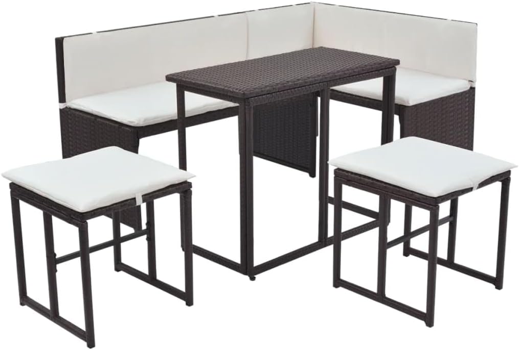 vidaXL Patio Dining Set 5 Piece, Outdoor Dining Table Set with Cushions, Rattan Chairs and Folding Table with Steel Frame, Wicker Furniture Set, Poly Rattan Brown