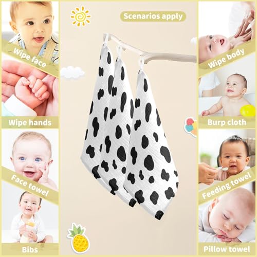 Image of Black White Cow Pattern Baby Muslin Washcloths Burp Cloths Soft Absorbent Baby Wash Cloth Fingertip Face Towels for Newborn Boys Girls 12 x 12 in,3 Pack