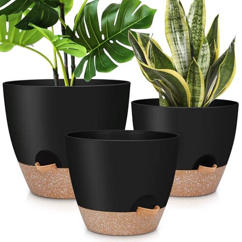 12″ 10″ 9″ Large Self Watering Plant Pots, 3 Pack Flower Pots Planters with Multi Mesh Drainage Holes for Indoor Outdoor Garden Plants and Flowers (Black)